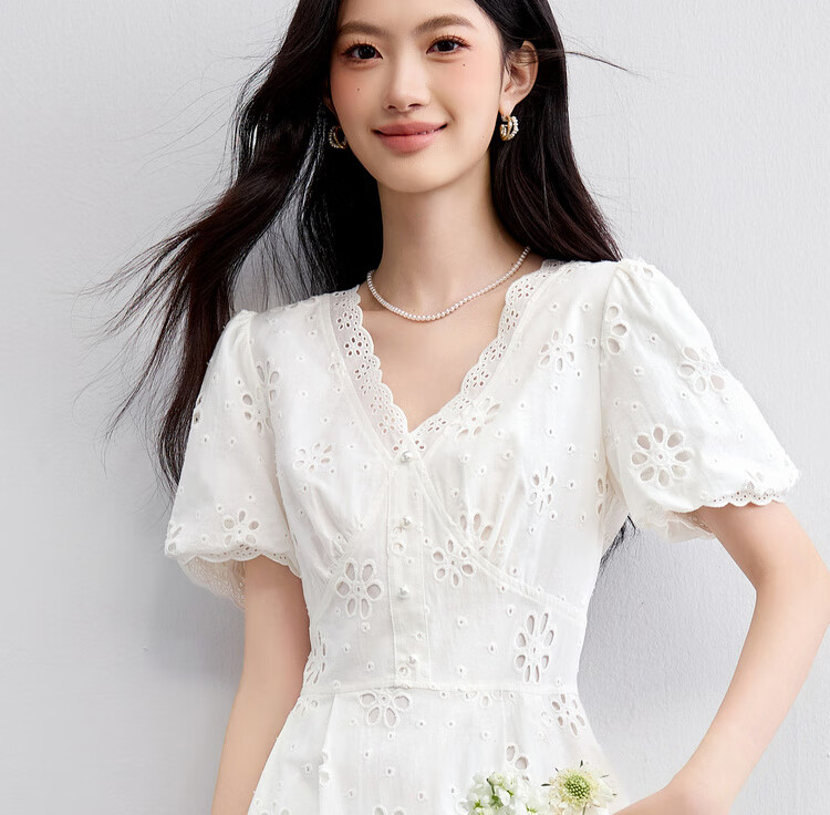 Sentubila Pure Cotton Lace V-Neck Lantern Sleeve White Dress for Women, Summer Elegant Pearl Button Embroidered A-Line Slimming Mid-Length Dress 10