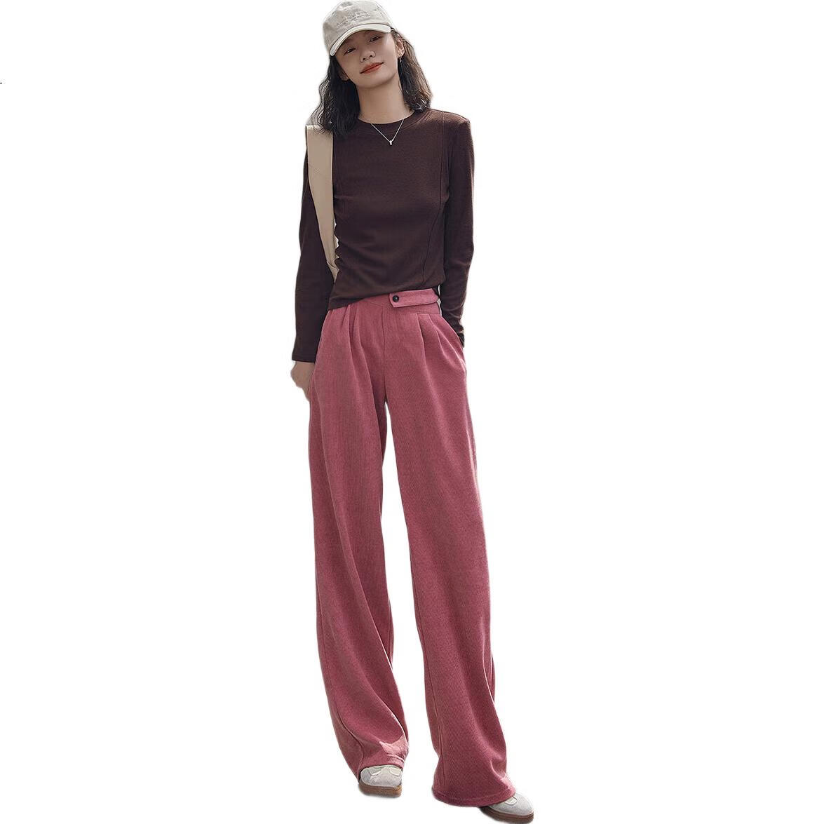 Dme Hollow Design Side Zipper One-Button Sensual Straight-Leg Casual Pants for Women, Bean Paste Pink, M