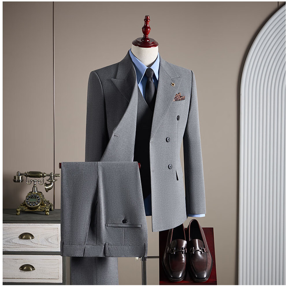 ROMON Men's Business Suit Set Blazer + Vest + Trousers Double-Breasted Casual Navy Blue 3XL 9