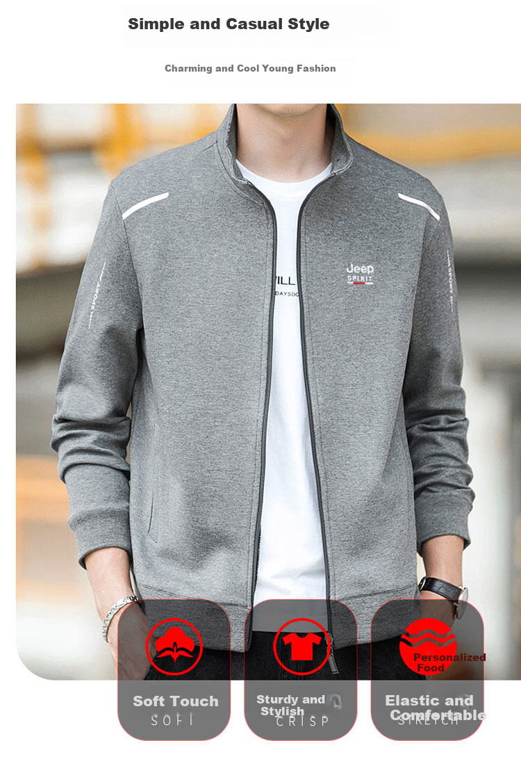 JEEP SPIRIT Men's Jacket, Spring Trendy Casual Outerwear, Men's Cardigan Stand-Collar Sweatshirt, Men's Clothing, Black, XL 1