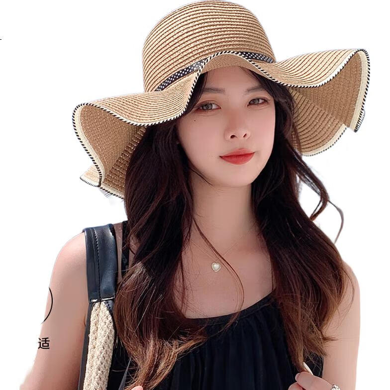 GLO-STORY Straw Hat for Women, Versatile Wide Brim Sun Protection Hat with Polka Dots, Bow Tie And Ribbon, Beach Sun Hat WMZ824170