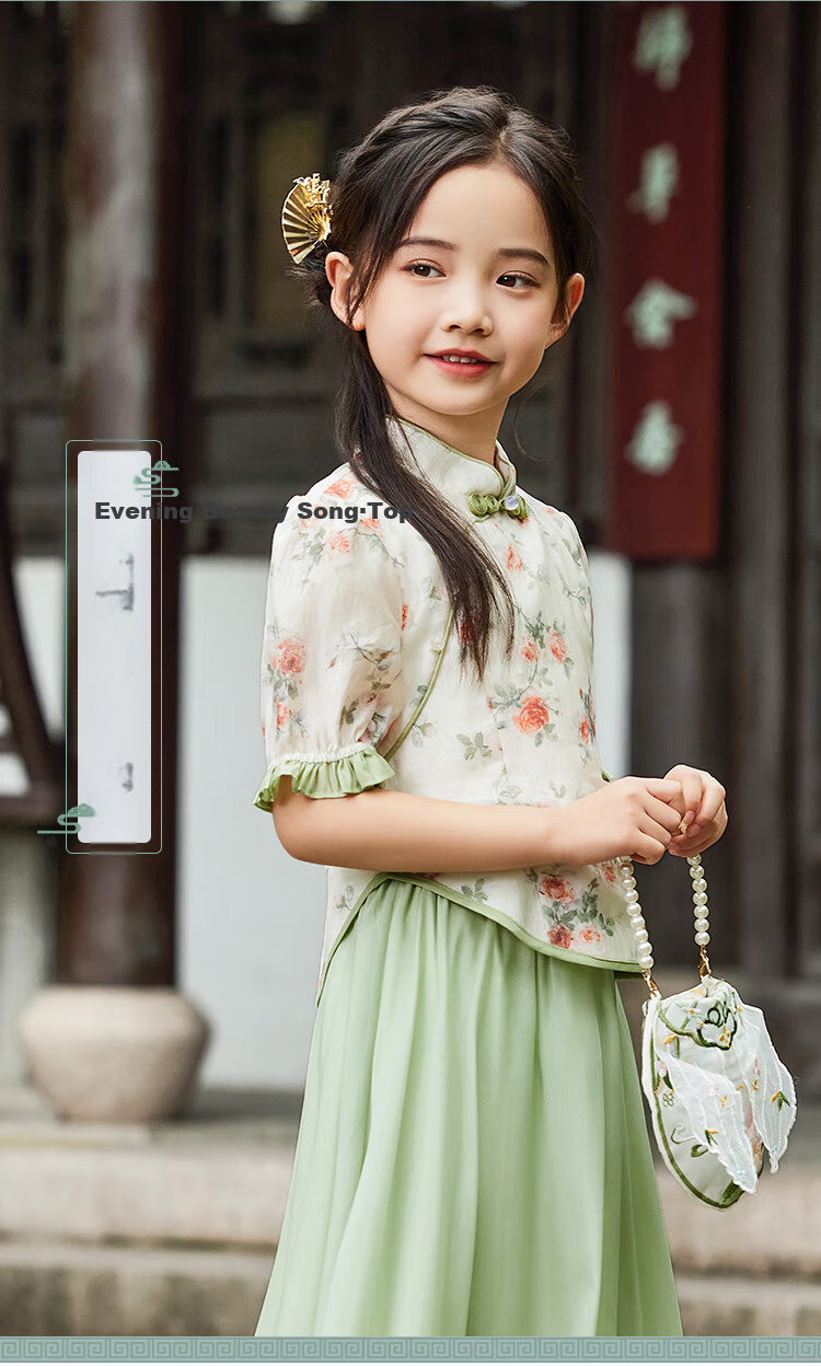 YEEHOO Children's Hanfu Girls' New Chinese-Style Blouse, Big Kids' Short-Sleeve Improved National Style Frog Button Top, Orange, Size 165 1