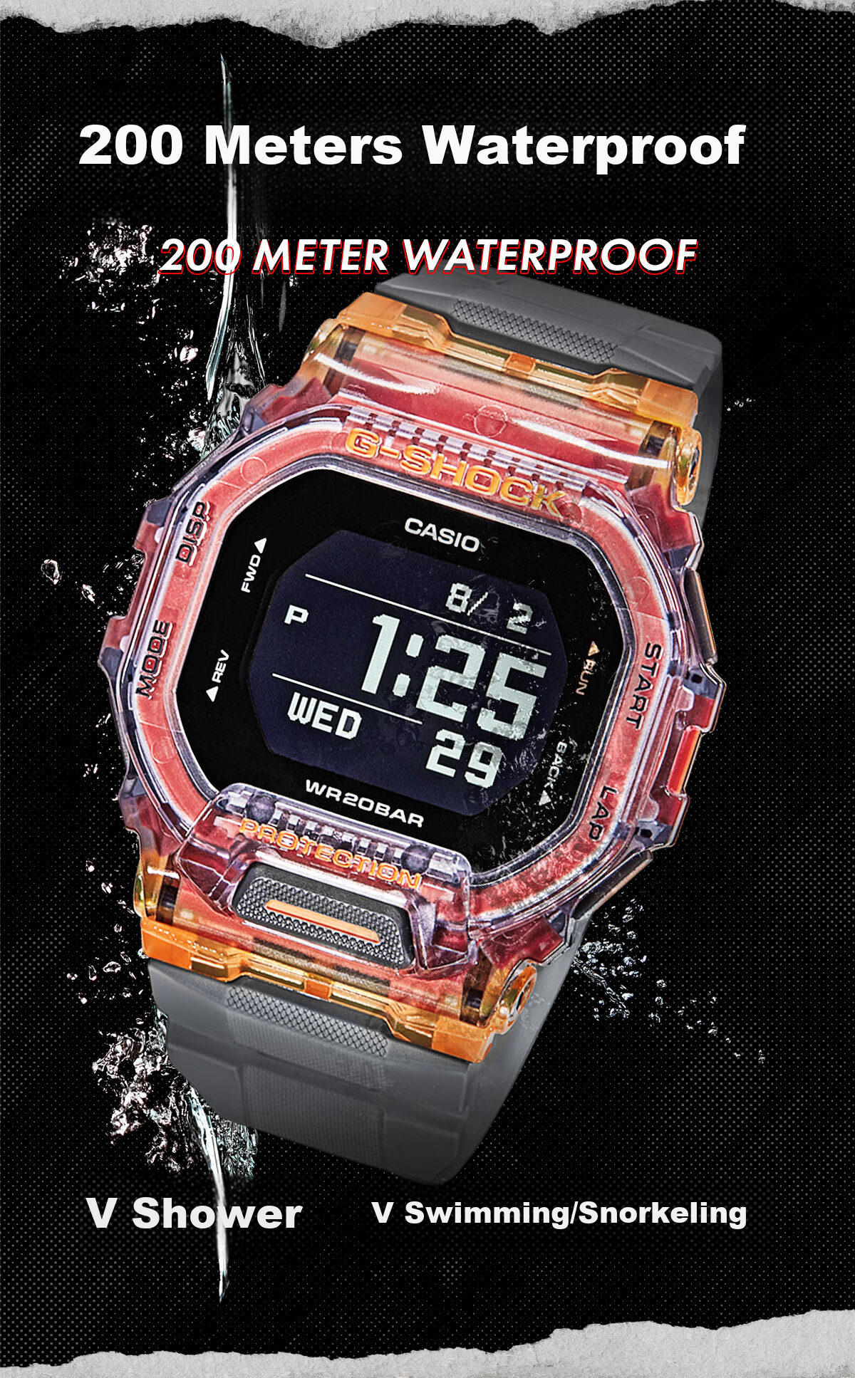 CASIO G-SHOCK Men's Watch, Waterproof, Bluetooth, Multifunctional, Running Sports, Electronic Display, Valentine's Day Gift, GBD-200 1
