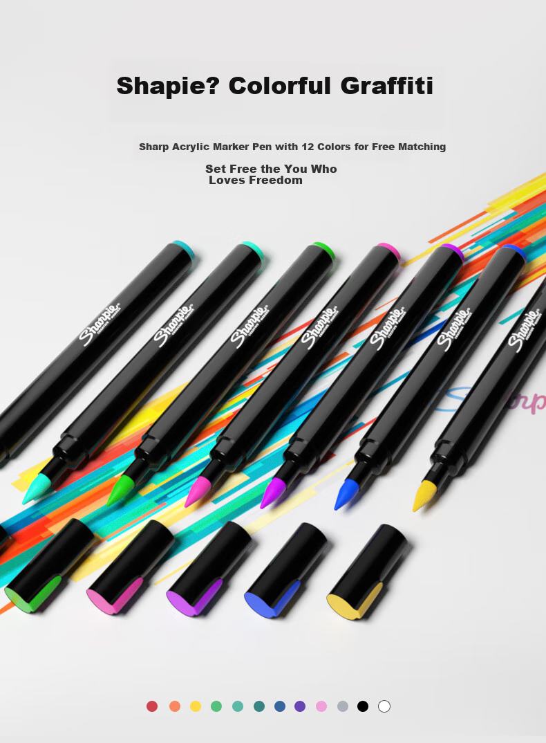 Sharpie Hard-Tip Acrylic Markers, Water-Based Watercolor Pens, Waterproof, Colorfast, Light-Resistant, Graffiti, Hand-Drawing, DIY Creation, Stackable Colors - 12-Pack Art Sketching Watercolor Pens 6