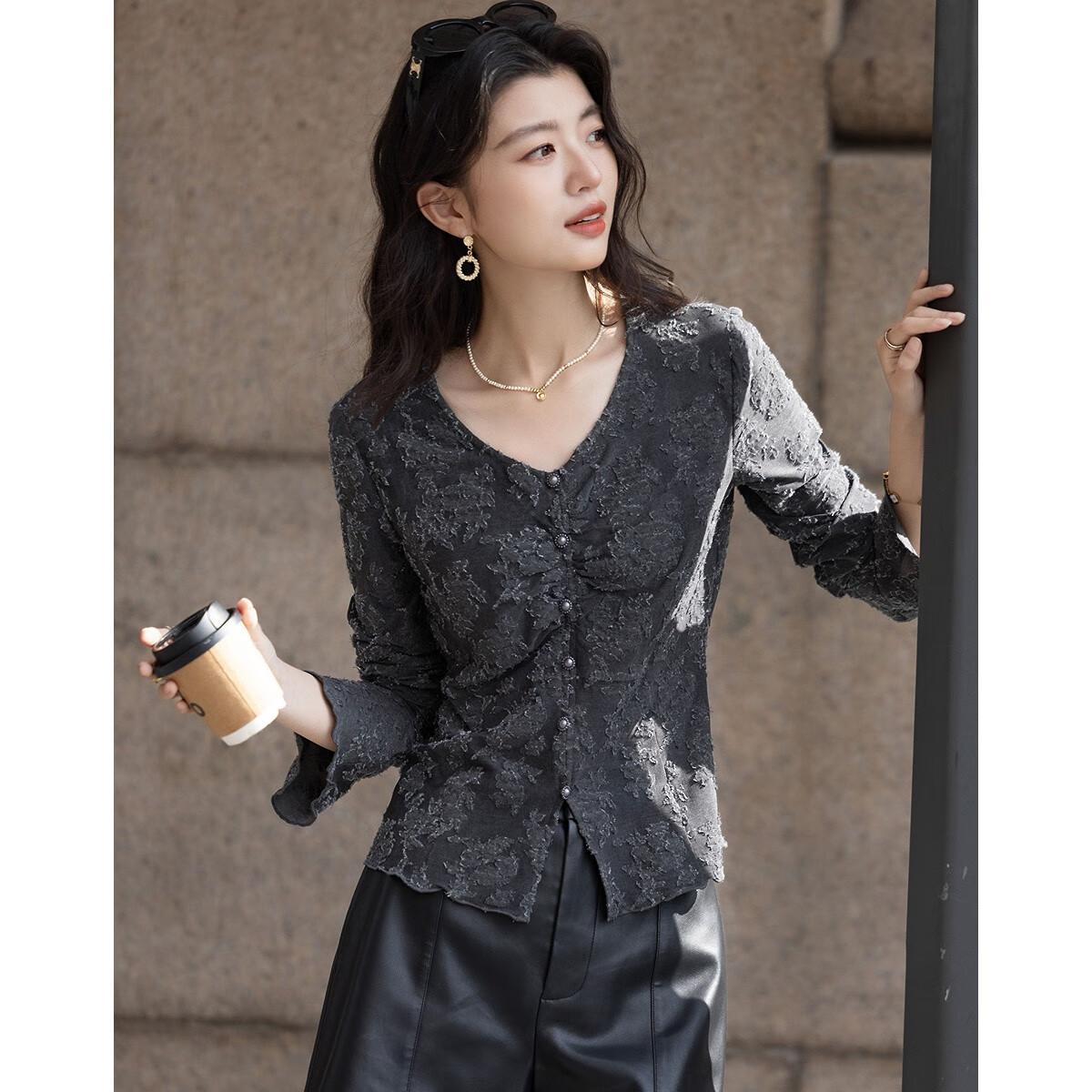 Demana Autumn V-Neck Ruched Button Jacquard Frayed Hem Breathable Linen Shirt Women's Top