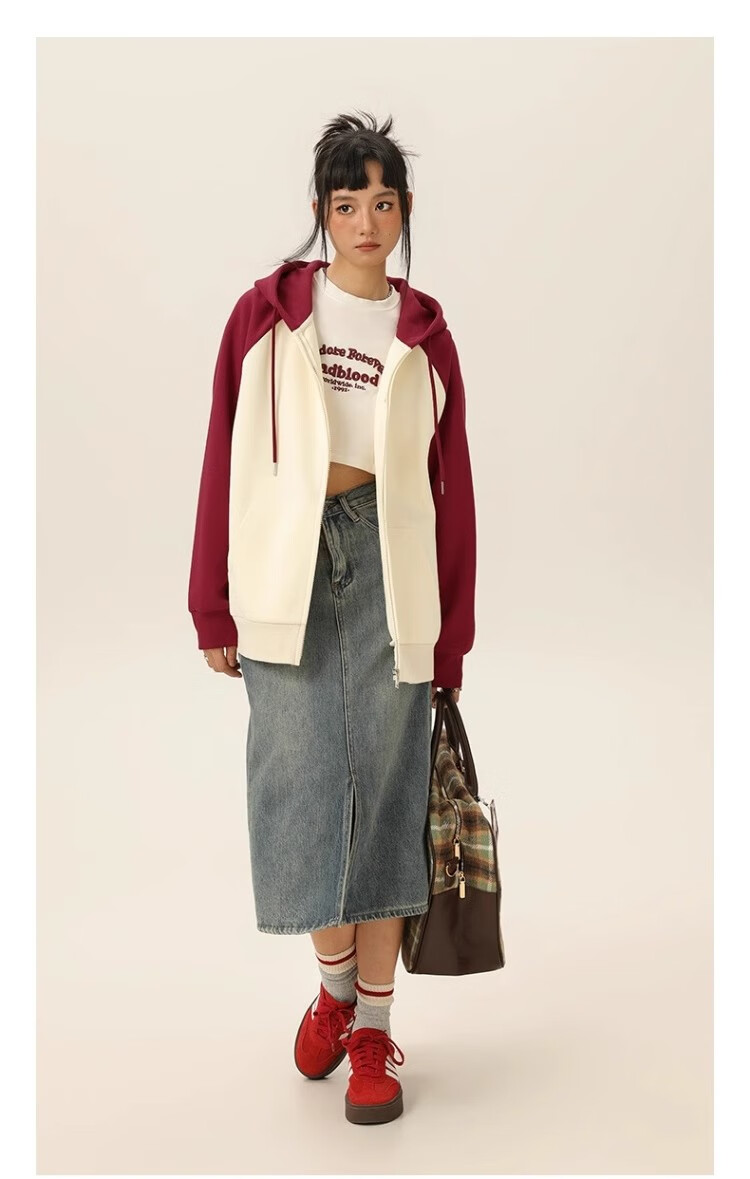 Huili Women's Hoodie Jacket, 2026 New Spring And Autumn Style, Color-Block American Retro Design, Middle School Student Hooded Cardigan, High-End Spring Outfit 9