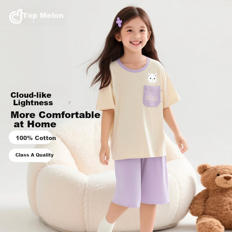 Dingguagua Children's Pajamas, Pure Cotton Summer Girls' Home Wear Set, All-Cotton Breathable Thin Style for Older Girls, Off-White, Size 130