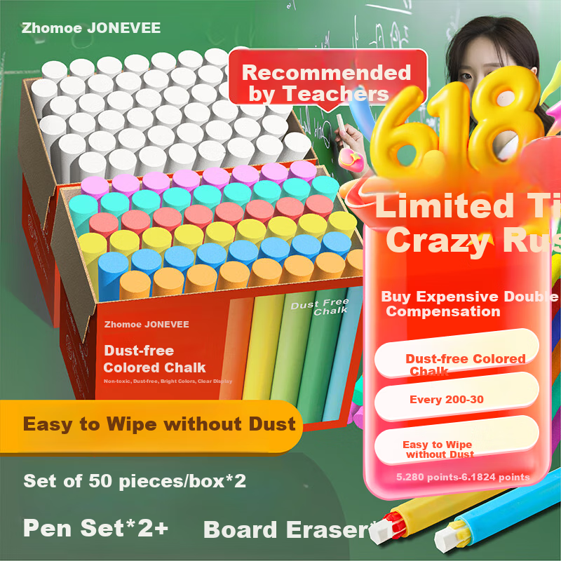 JONEVEE , 6 Colors, 100 Pieces, Colored Chalk, Round Dustless Chalk, for Bulletin Board, Specialized Drawing Board, Graffiti, White Chalk, Vibrant ZWCK-5051