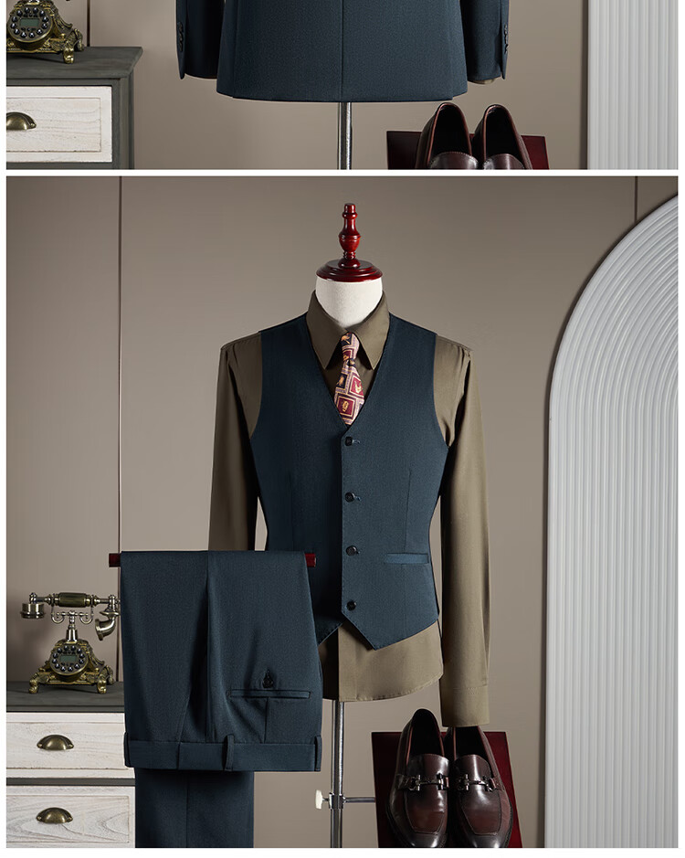 ROMON Men's Wool Suit Set Business Wedding Formalwear Brown Coffee M (Blazer + Vest + Trousers) 17