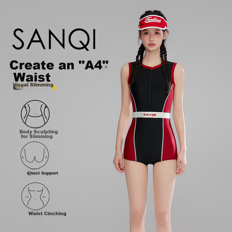 Sanqi Women's Professional Training One-Piece Swimsuit, Square Leg, Competitive Speed, Conservative Swimwear, Sports Hot Spring Slimming Swimsuit, Black, Size L