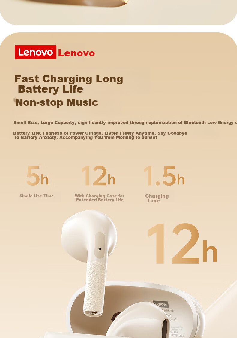 Lenovo Bluetooth Earphones, Semi-In Style, 2026 Popular Model, Bluetooth 5.4, Low Latency, High Sound Quality, Long Battery Life, HD Audio, Wireless Headphones, EA166, Moon Rock White 9
