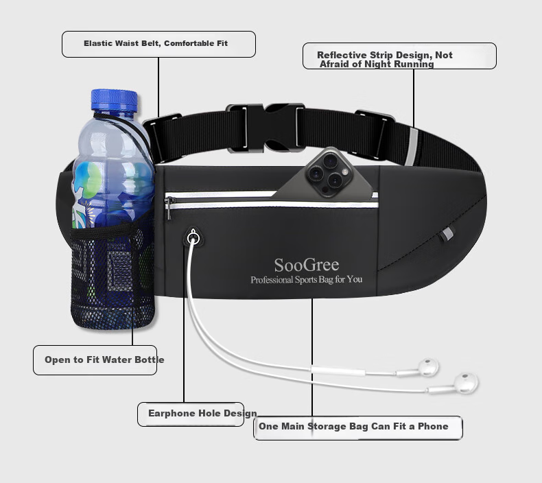 SooGree Sports Running Waist Pack with Phone And Earphone Holder, Adjustable Belt, Portable Outdoor Storage Gear 4