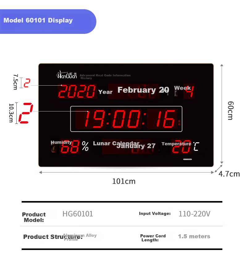 HoTai LED Digital Perpetual Calendar Clock for Living Room And Office, Simple Wall-Mounted Clock, 60x101cm Digital Display - 4G 8