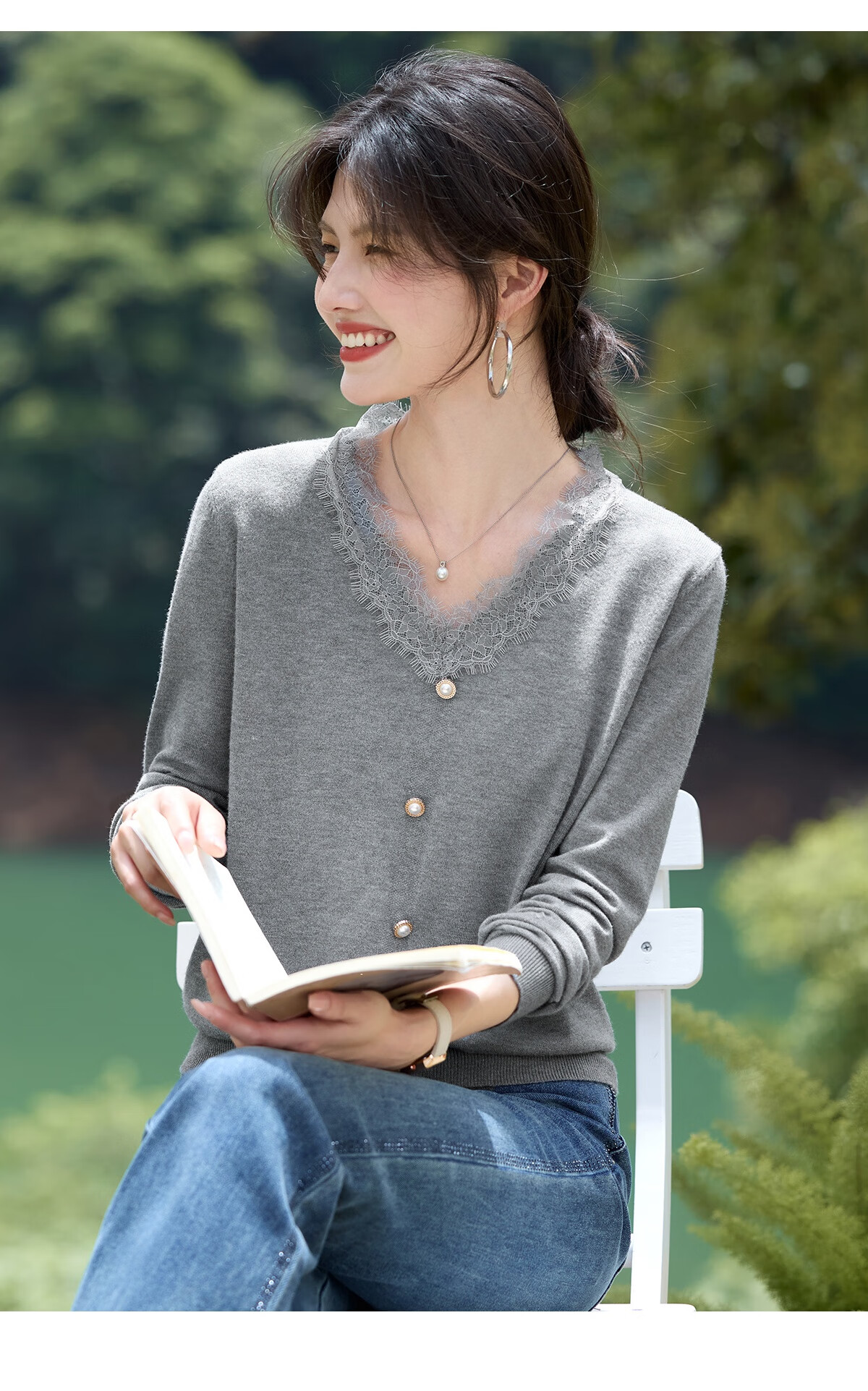 She Enjoy Women's Knitwear Lace Splice V-Neck Knit Base Shirt Fashion Versatile Soft Sweater Top T53Z045 13