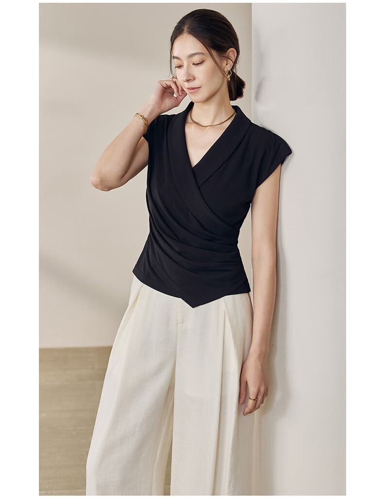 ROEYSHOUSE Elegant V-Neck Slim Fit Sleeveless Shirt for Women Summer Versatile Slimming Pleated Top 12363 Light Blue L 9