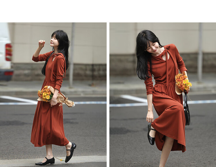 Mt [Xiguang Yingri] Spring And Autumn French Artistic Hollow-Out Strap Vintage A-Line Waist-Cinching Slimming Mid-Length Women's Dress 3