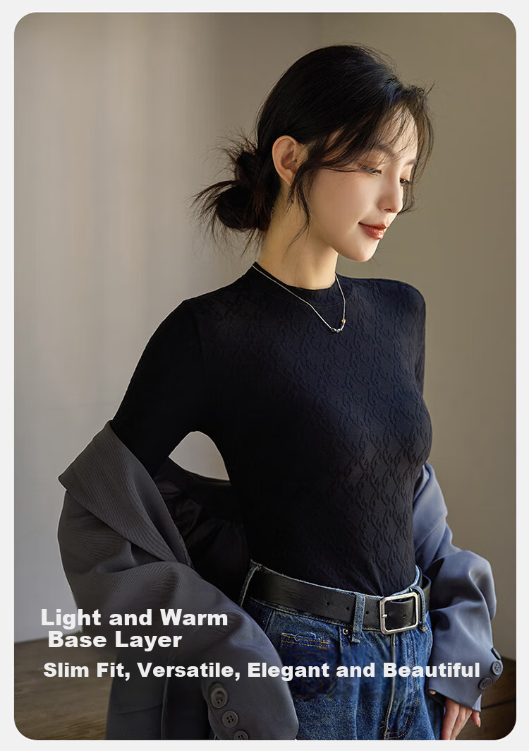 LangSha Base Layer, Spring And Summer Thin Style, Slim-Fit Waist-Cinching T-Shirt for Women, Warm Black And White Color, Slimming Round Neck Inner Wear, Long-Sleeve Top 8