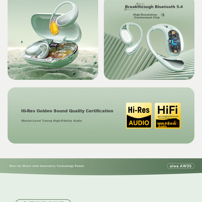 Aiwa Aw35 [Luxury New Experience], Bluetooth Headphones, Non-In Open-Ear Bone Conduction Concept, Wireless Ear-Hook Style for Sports, Compatible with Huawei, Xiaomi, Apple, Gree 7