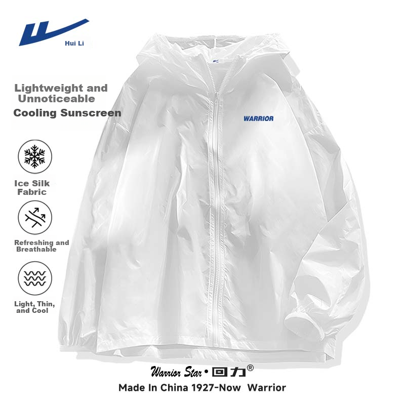 Warrior Ice Silk Sun Protection Jacket for Men, Summer Fishing Lightweight Coat, Loose-Fitting Cool Hooded Clothing, White, XL
