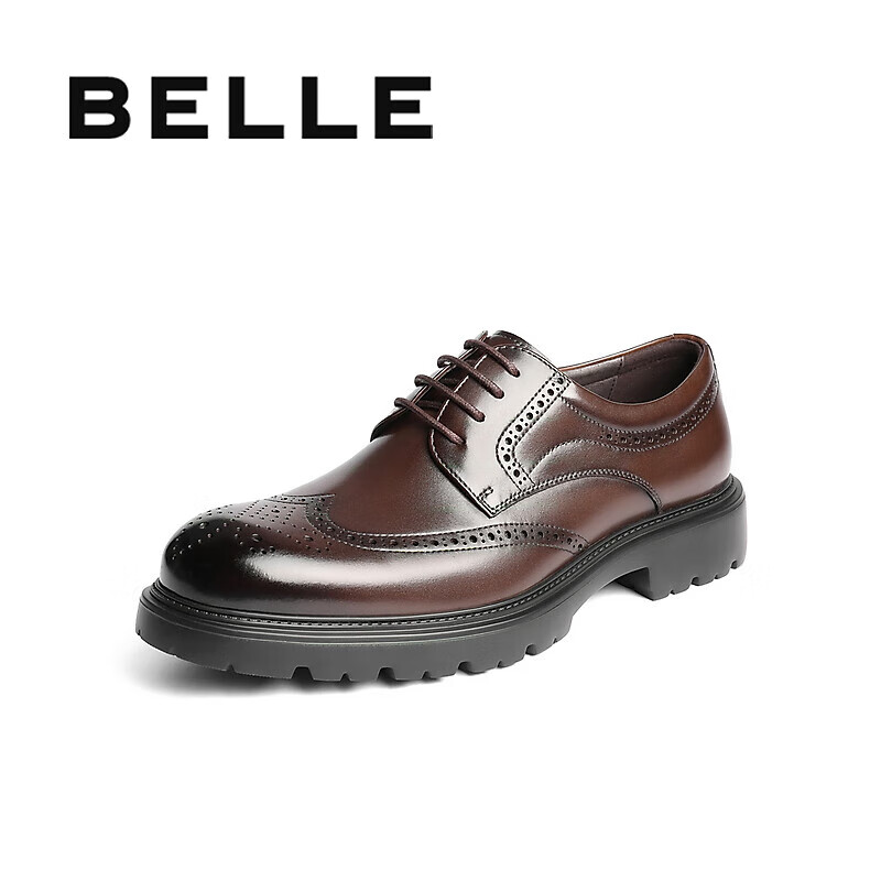 Belle Men's Brogue Business Genuine Leather Shoes Autumn Commuter Height Increasing Thick Sole Formal Shoes A2065CM5 Brown Size 38