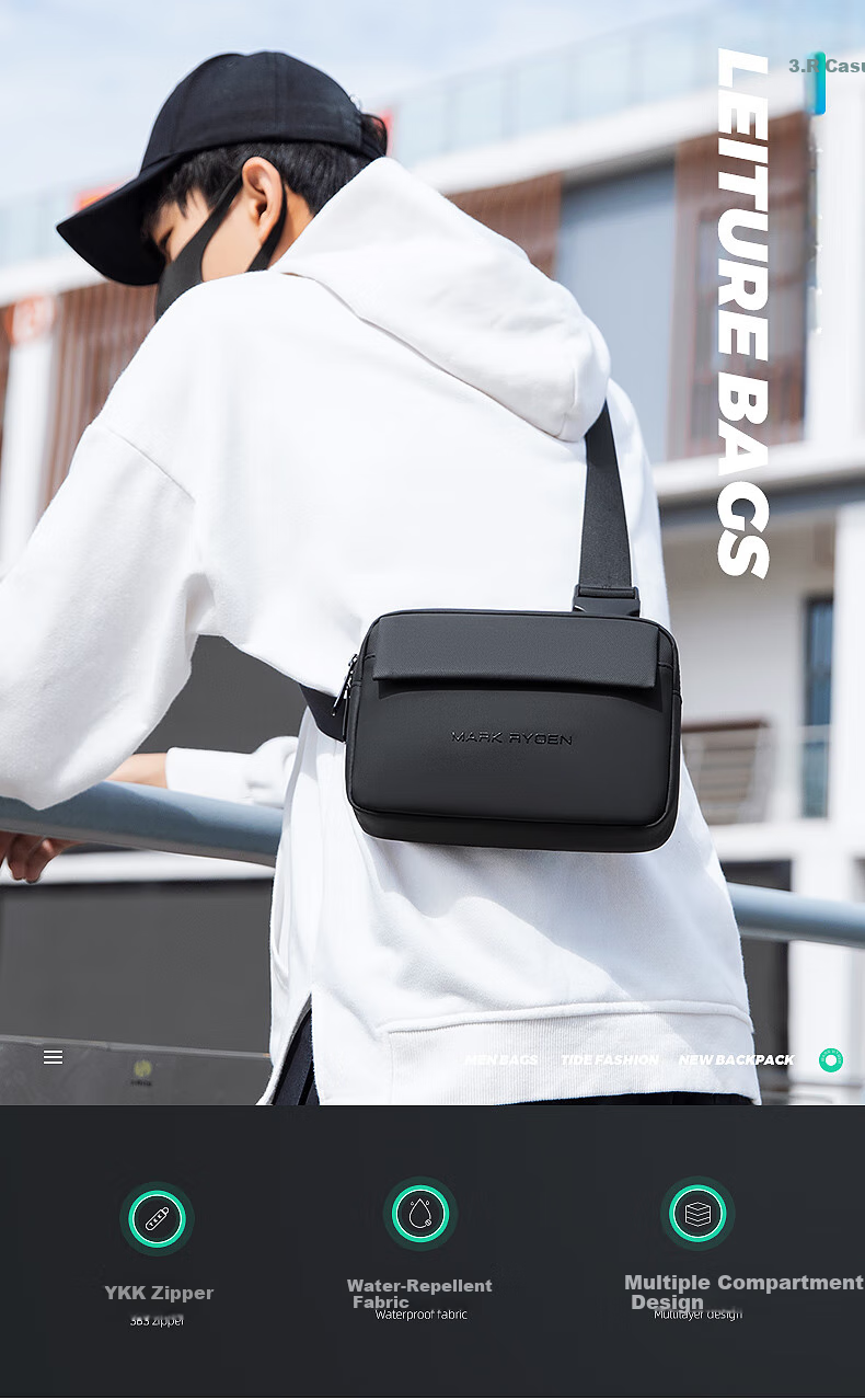 MARK RYDEN Chest Bag, Men's Bag, Sports Casual Shoulder Bag, Stylish Trendy Multifunctional Messenger Bag, MR8028 Elegant Black 1