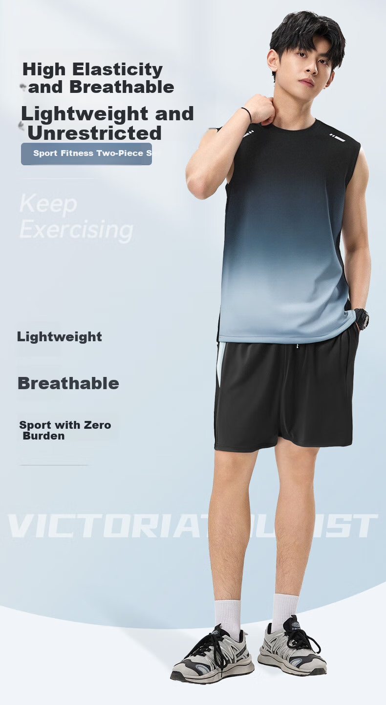 VICTORIATOURIST Men's Sports Set, Indoor Fitness Wear, Sports Tank Top, Ice Silk Quick-Dry Shirt, Running Basketball Training T-Shirt Equipment 1