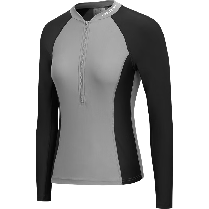 Speedo Free Series Yiran Sun Protection Turtleneck Color Block Long-Sleeve Swimsuit Top for Women, Beach Hot Spring Thin Misty Gray