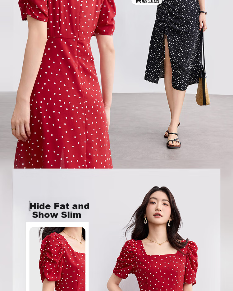 Sentubila French-Style Dress for Women, Summer Square Neckline, Ruched Sleeves, Vintage Polka Dot, Pleated Slit A-Line Skirt 3