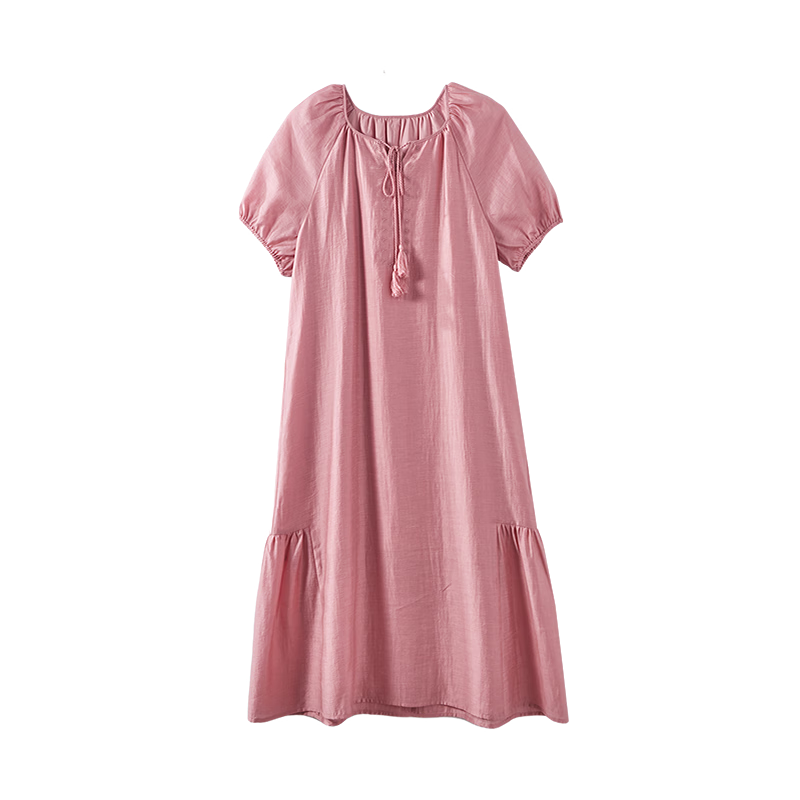 Dme [Yun Dan Feng Qing] Summer Cool Lyocell Embroidered Tassel Drawstring Pleated A-Line Women's Dress