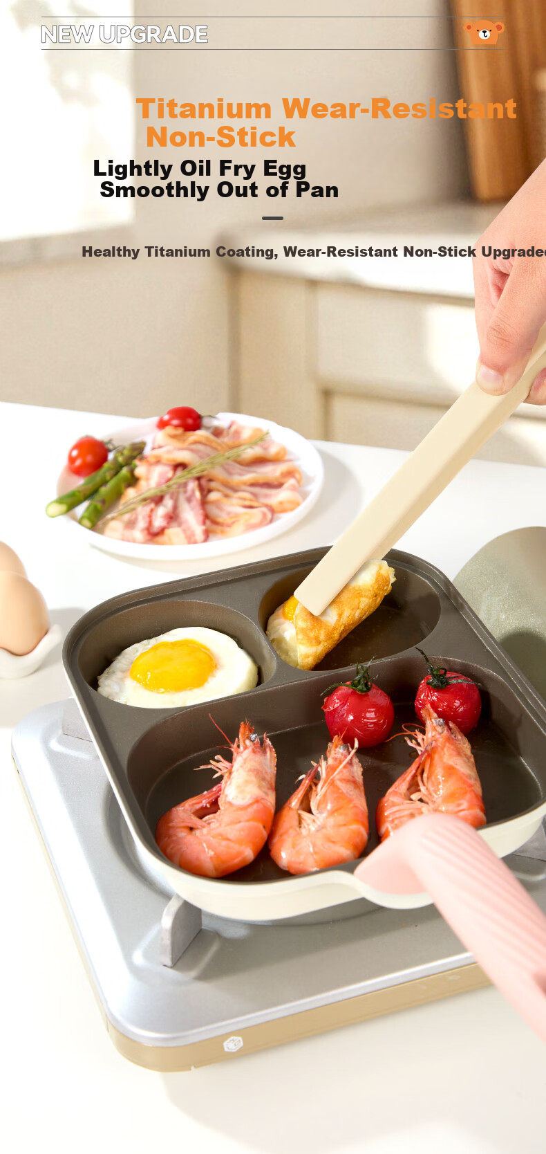 Bear Non-Stick Frying Pan with Three Holes for Breakfast, Titanium-Infused Multifunctional Pan for Scrambled Eggs, Teriyaki Chicken, And Burgers, Compatible with All Stoves, 23cm 4