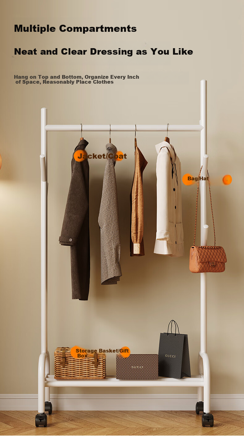 Shanshanmuyi Floor-Standing Coat Rack, Bedroom Clothes Hanger, Movable Drying Rack, Balcony Clothes Drying Rack, Storage Shelf 4