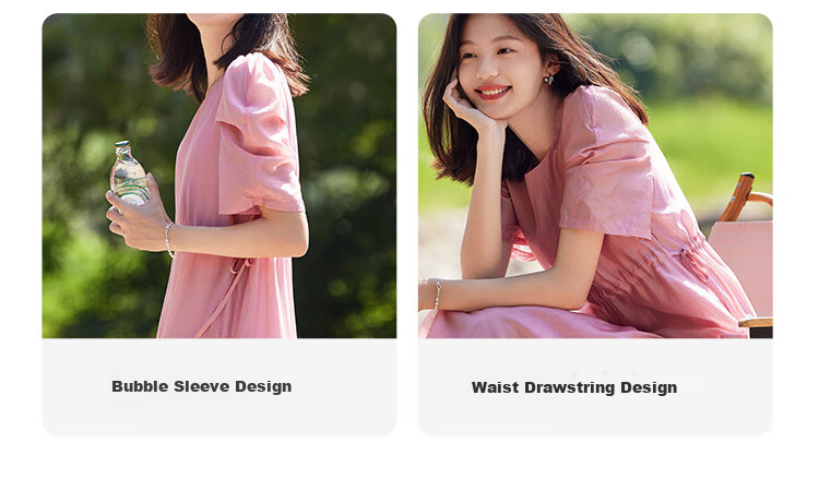Dme Tencel Doll Dress, French Puff Sleeve, Flowing Tie-Waist Dress for Women, Sheer Pink, L 2