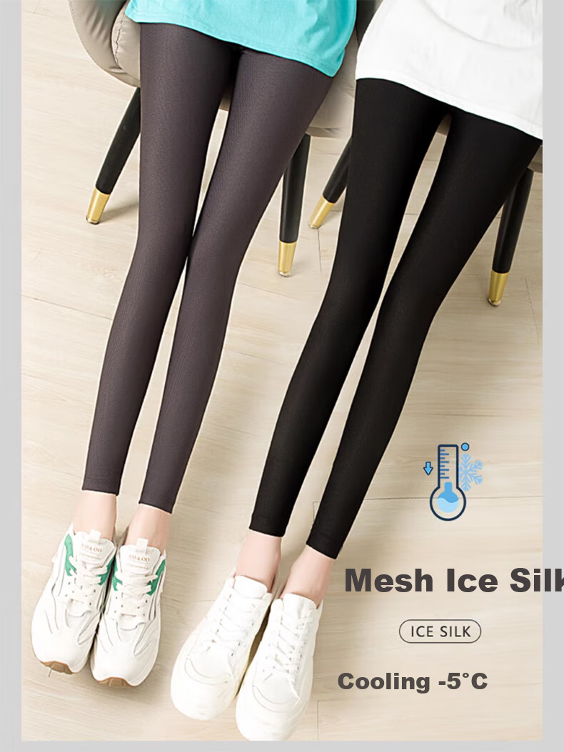 LangSha Ice Silk Leggings for Women, Summer Thin Style, Elastic High-Waisted Slim-Fit Tights, Black Nine-Point Pants 1