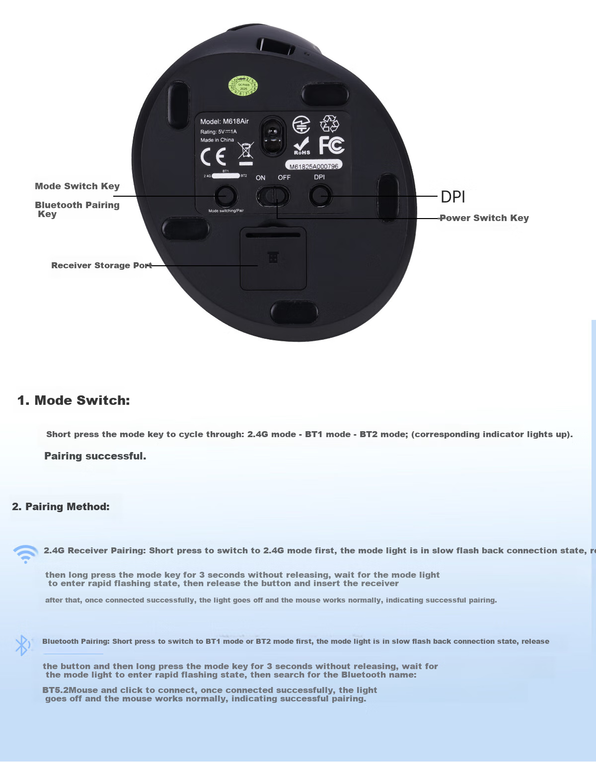 Delux M618AIR GX Lightweight Ergonomic Wireless Vertical Mouse for Office, Quiet Mouse Compatible with Computers And Laptops, Ultra-Long Standby Time, Black 7