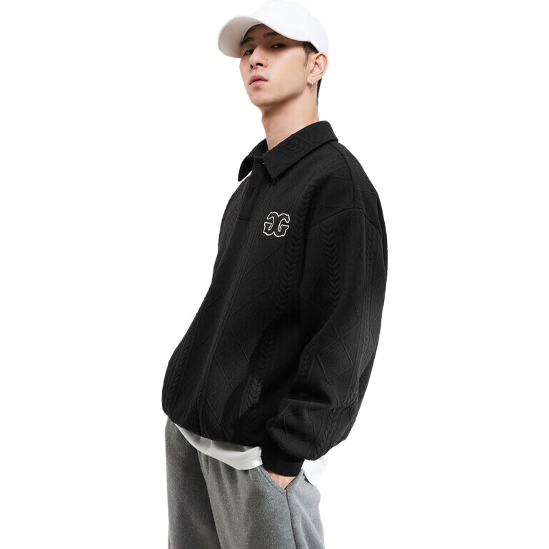 GXG Men's Clothing, Winter 2024 Textured Fabric Lapel Men's Sweatshirt, Black (Fleece-Lined), 175/L
