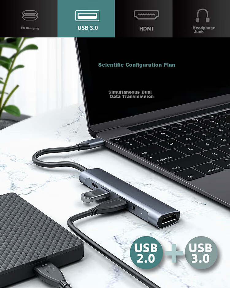 Youlianxing Type-C to HDMI Expansion Dock, Six-In USB-C Hub, 3.5mm Headphone Adapter, 4K Converter, Compatible with Huawei, ZTE Cloud Computers, Laptops, Smartphones, And Tablets 7