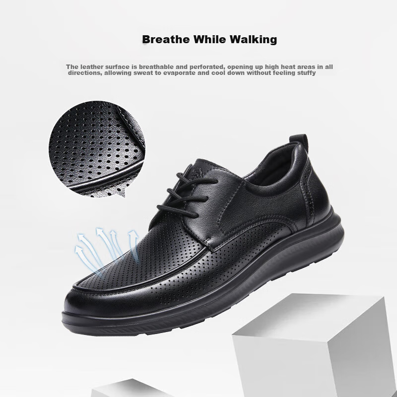 CAMEL Men's Cowhide Breathable Shock-Absorbing Business Casual Leather Shoes G13M263053 Black Size 38