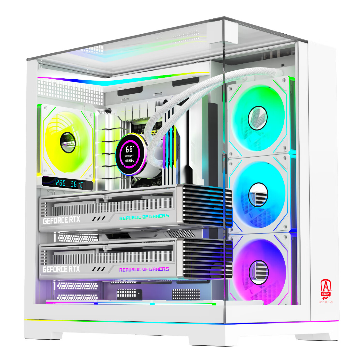 AOC AICG803W White ATX Gaming Desktop Computer Case with Three-Sided Glass View, Quick-Release Design, 9-Slot Dual Graphics Card Support, 360mm Water Cooling Compatible, 7 Fan Positions