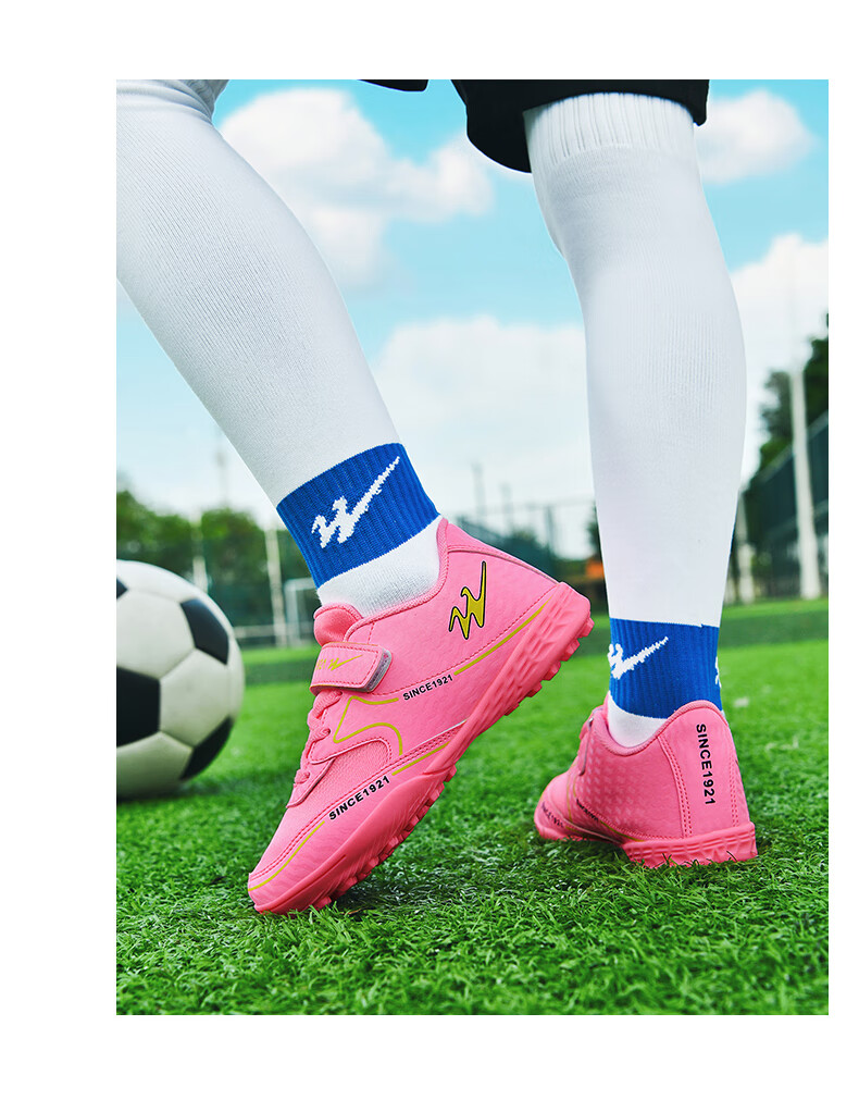 Shuangxing Children's Soccer Shoes TF Turf Studs Velcro Large Kids Student Youth Non-slip Wear-resistant Football Shoes Pink Size 39 9