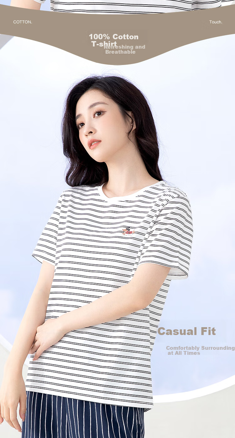 Hodo Women's T-Shirt, Pure Cotton Short-Sleeve Top, Round Neck, Casual Striped Breathable Versatile Undershirt, Black, Baitiao, Size 160 7