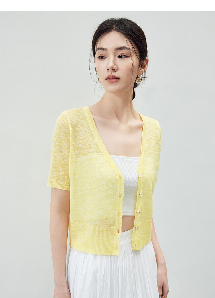 Sentubila Lazy Atmosphere Milk Huhu Refreshing Knit Top for Women, Summer V-Neck Short-Sleeve Cardigan, White, L 13