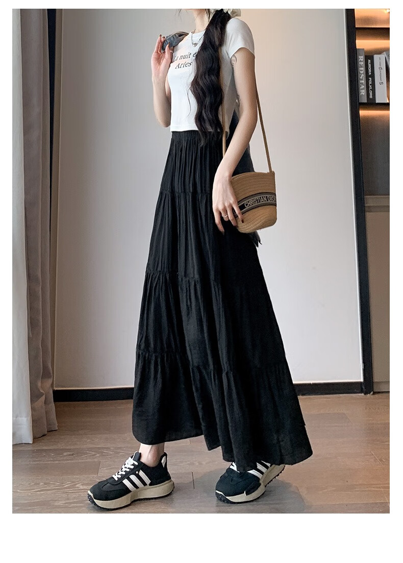 Jeanswest Women's Summer High-Waist Slimming Versatile Loose Peach Blossom Wrinkle Cake Skirt White M 26