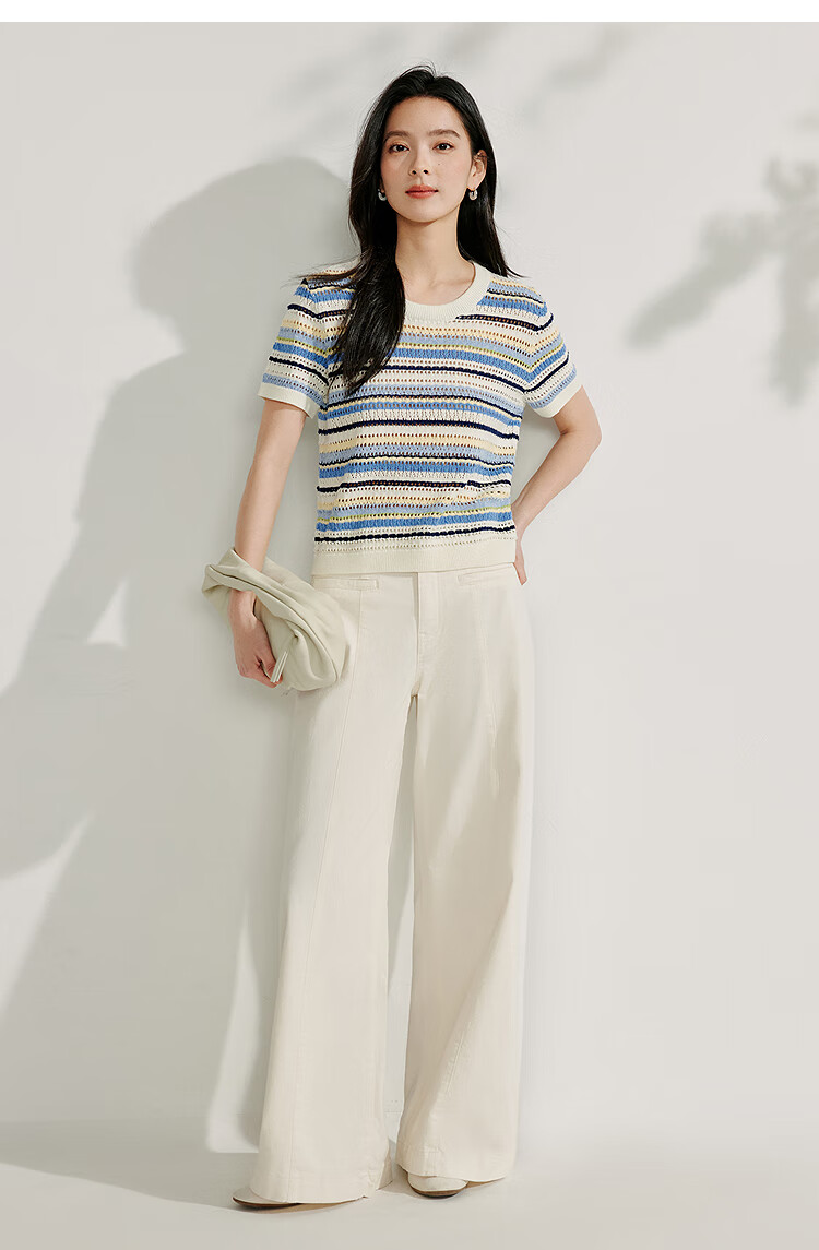 INMAN [Showroom Style] Suoluna Cool-Feeling Striped Short-Sleeve Women's Top, Summer 2026 Knitted Sweater, Yellow, Size L 24