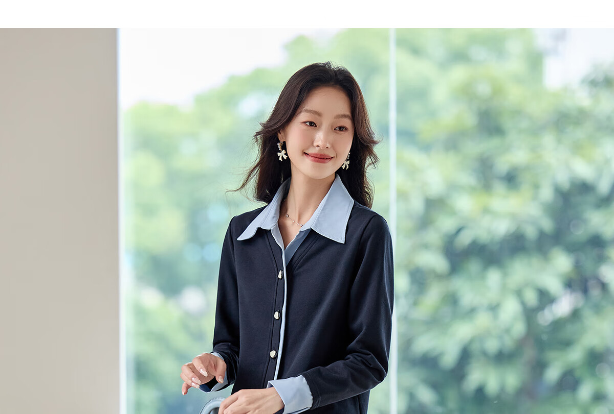 PinCai Women's Long Sleeve Shirt Color-Block Design Fake Two-Piece Layered Stylish Top P53S046 31