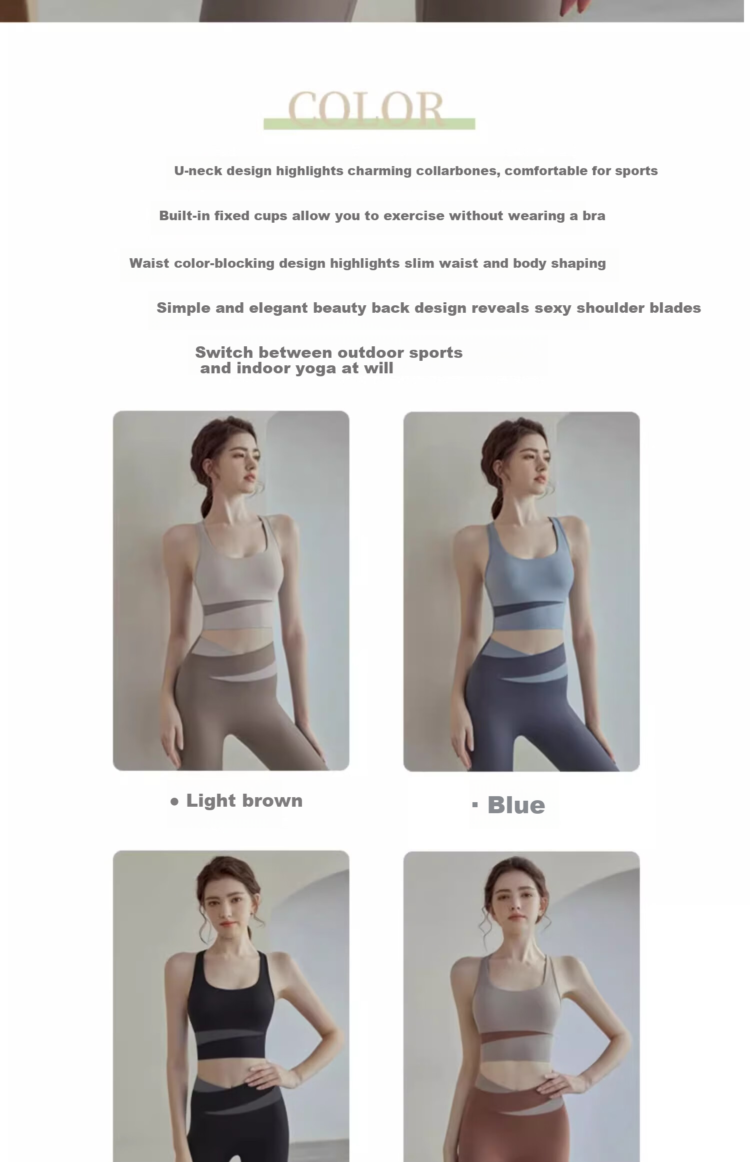 Youyou Women's Sports Bra, Anti-Shock And Anti-Sagging Yoga Fitness Vest with Straps, Two-Piece Set J12010GY Light Coffee 2XL 2