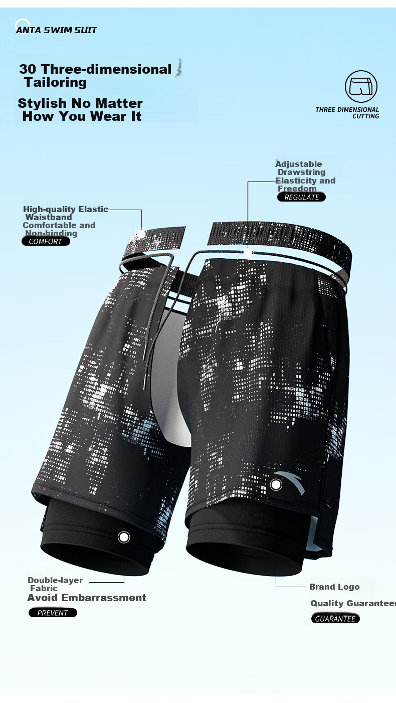 ANTA Men's Swim Trunks, Beach Shorts, Double-Layer Swimwear, Quick-Drying Breathable Knee-Length Shorts, Anti-Embarrassment Loose Swimming Trunks, Black XL 3