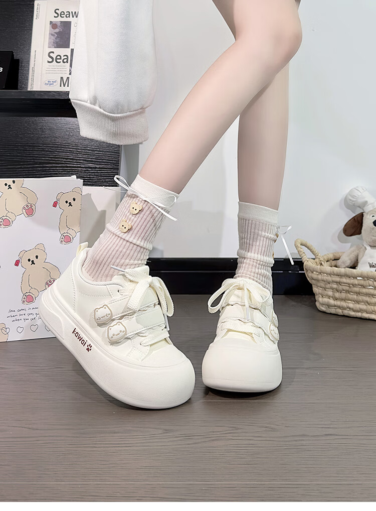 RENBEN Cute Velcro White Sneakers for Women, Popular Chunky Shoes, Versatile Canvas Shoes, White (Leather Surface), Size 40 33