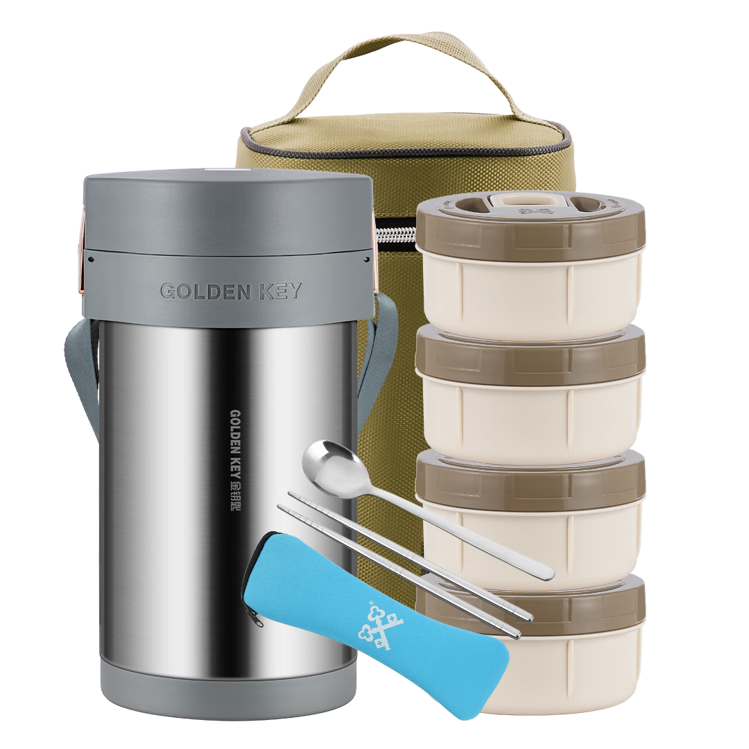 GOLDEN KEY 304 Stainless Steel Lunch Box 2.5L Anti-Scald Vacuum Insulated Lunch Box with Handle (Luminous Silver) GK-C2500T
