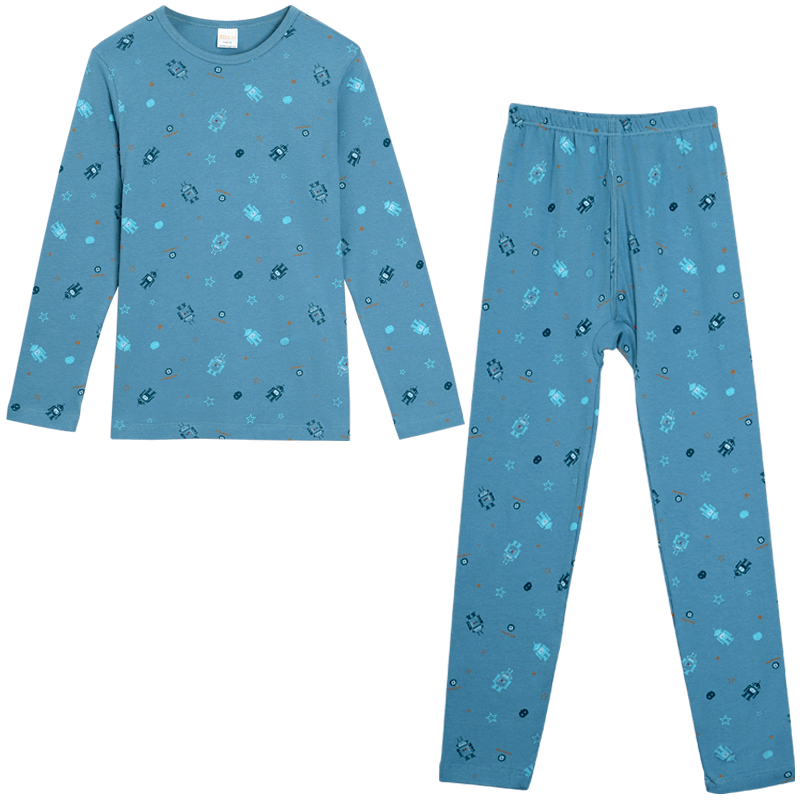 Hodohome Boys' Cotton Antibacterial Thermal Underwear Set, Long Sleeve Top and Pants, Grade 7, Printed Crew Neck, Sizes 121-150