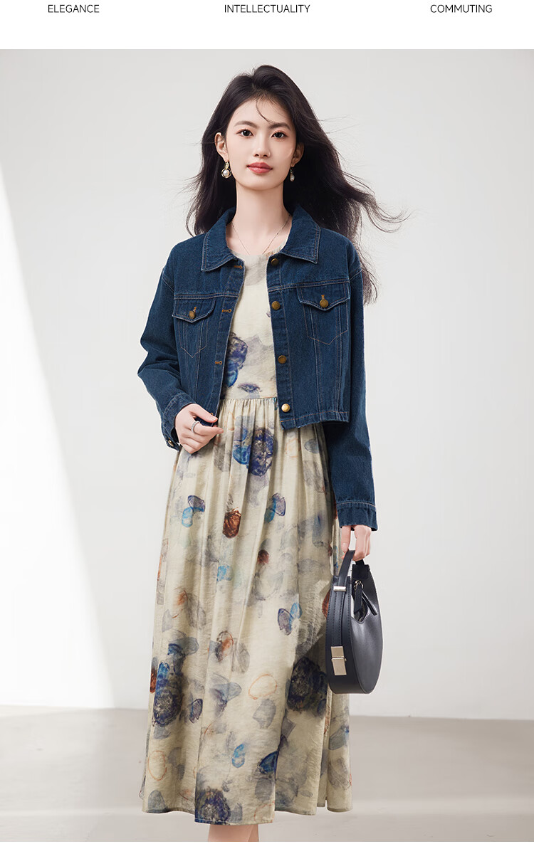 Xinfeiyu Vintage Denim Embroidered Short Jacket for Women, Spring 2026 New Stylish Versatile Printed Dress Two-Piece Set Hong Kong Style Outfit 8